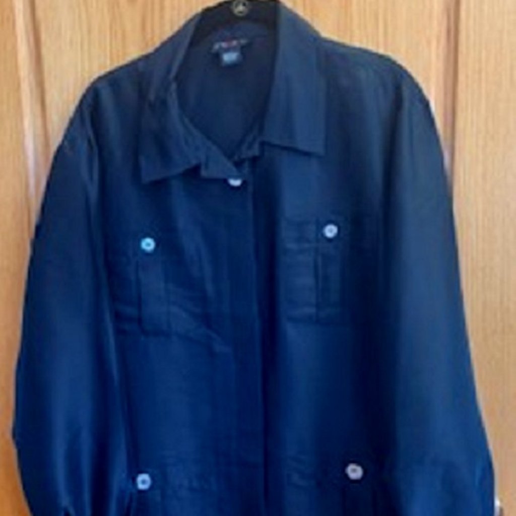 Nwot R2r Long Sleeve 100% Silk Button Down Blouse Shirt Jet Black Pockets Xl
